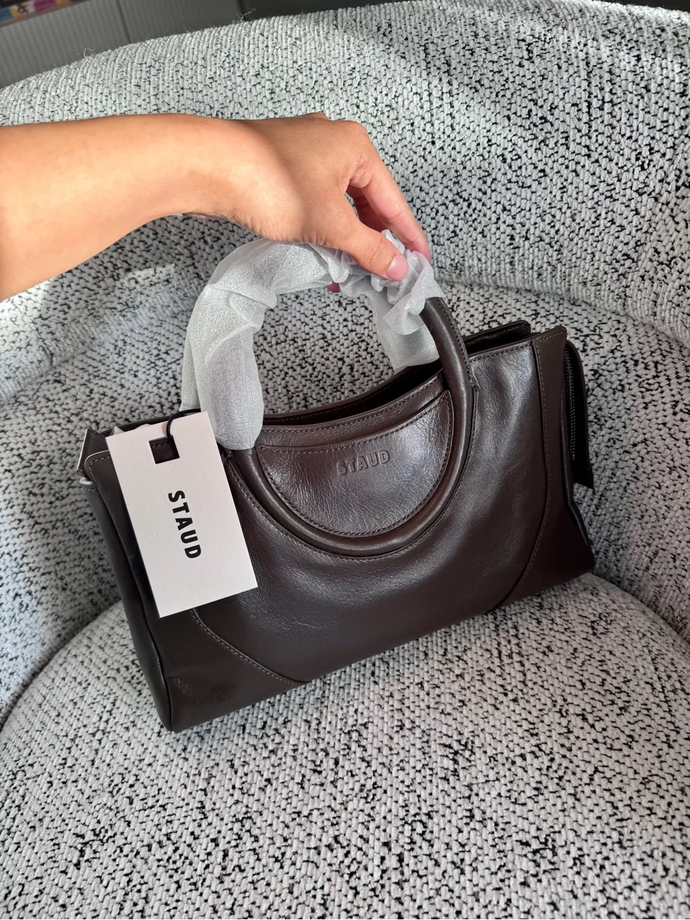 STAUD Maude Satchel with Removable Strap in Dark Brown Leather